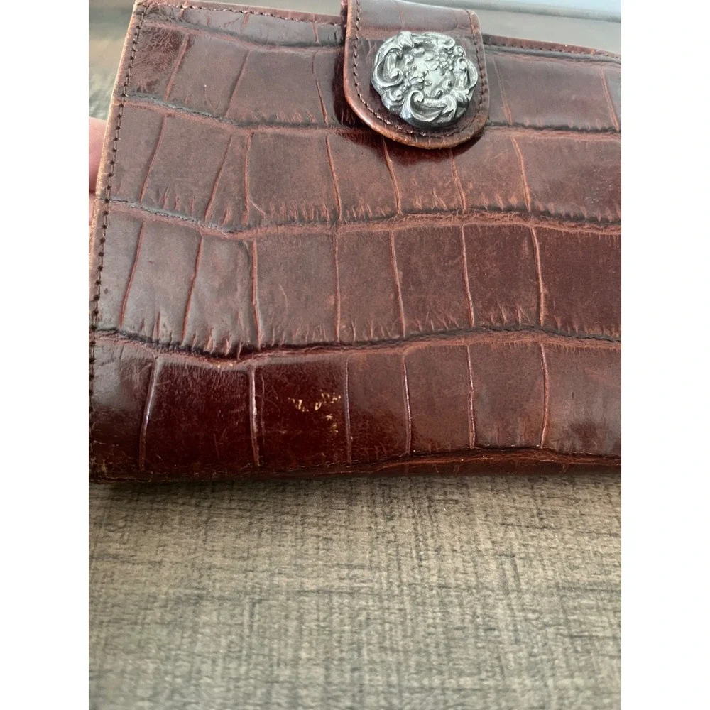 Brighton Cognac Brown Croc Embossed Leather Bifold Wallet Silver Hardware VTG